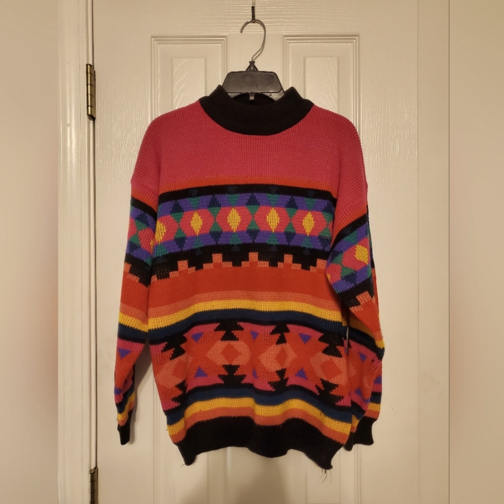 RARE Vintage Retro Sweater Pink Aztec Silver Unicorn Adult Large